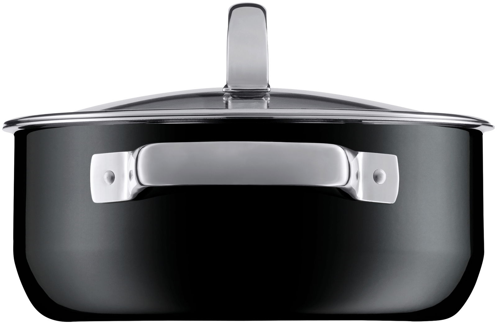 Frontansicht eines schwarzen Topfes mit silbernem Griff und Deckel, Teil des WMF Mineral Topf-Sets, 4-teilig, Rose Quartz FUSIONTEC.