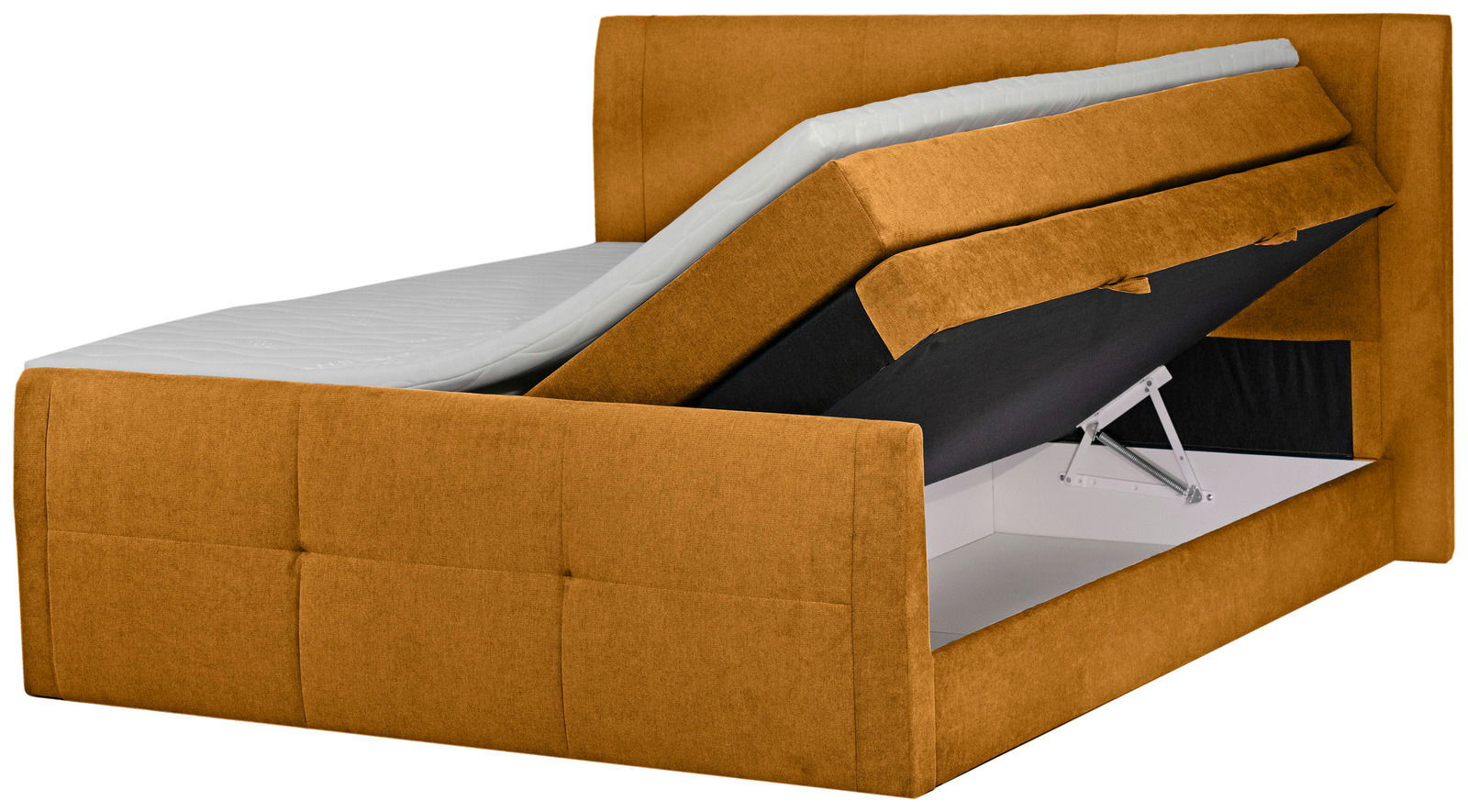 Boxspringbett 180 in senfgelber Farbe mit geöffneter Bettkastenfunktion, seitliche Perspektive