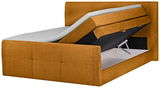 Boxspringbett 180 in senfgelber Farbe mit geöffneter Bettkastenfunktion, seitliche Perspektive