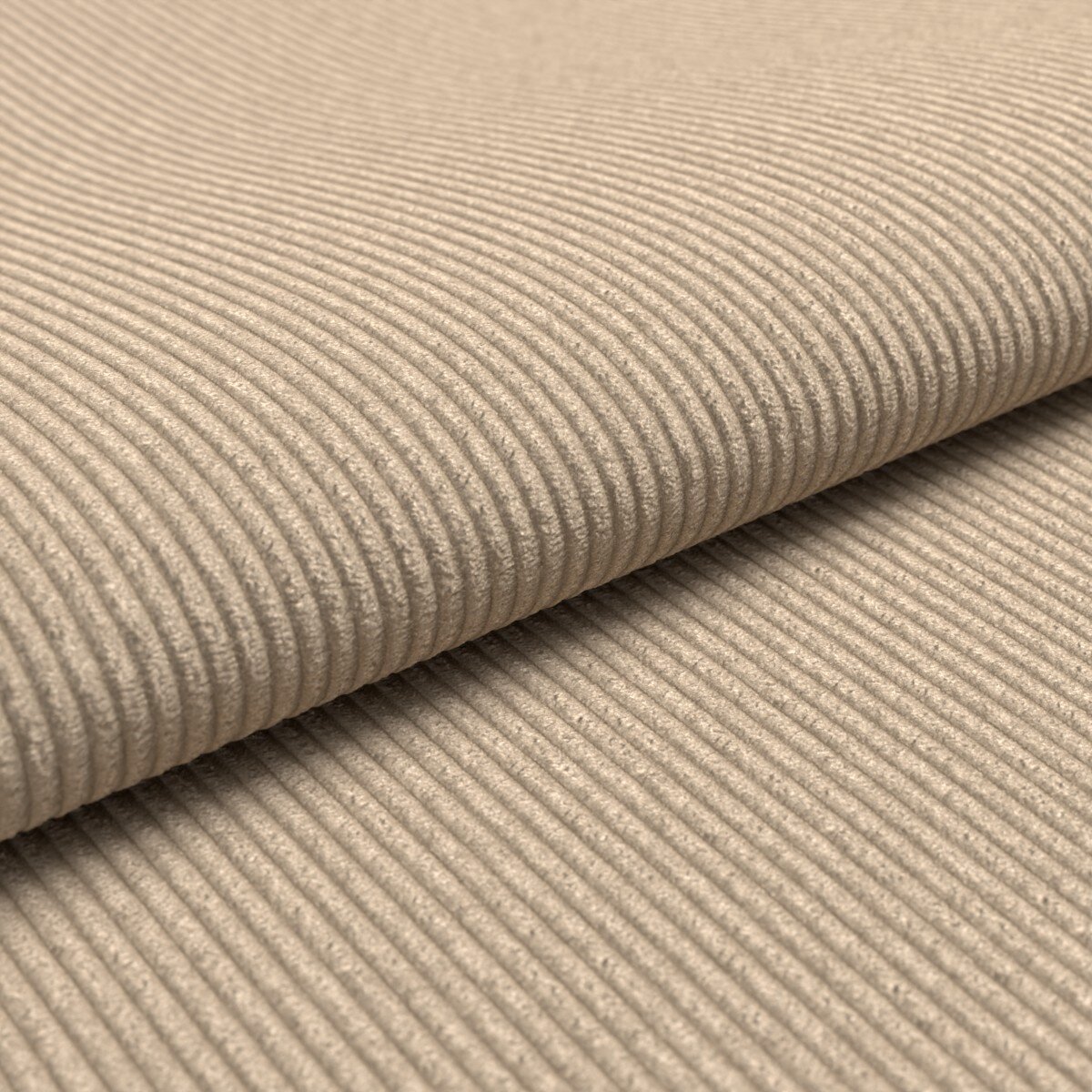 Nahaufnahme aus schräger Perspektive: beige gerippter Cordstoff als Stoffbahn, teilweise aufgerollt, mit deutlich sichtbarer Struktur