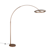 Elegante LED-Bogenleuchte in Bronze mit rundem Sockel und modernem, kreisförmigem Lampenschirm, seitliche Perspektive