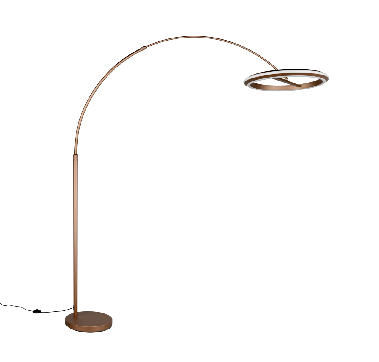 Elegante LED-Bogenleuchte in Bronze mit rundem Sockel und modernem, kreisförmigem Lampenschirm, seitliche Perspektive
