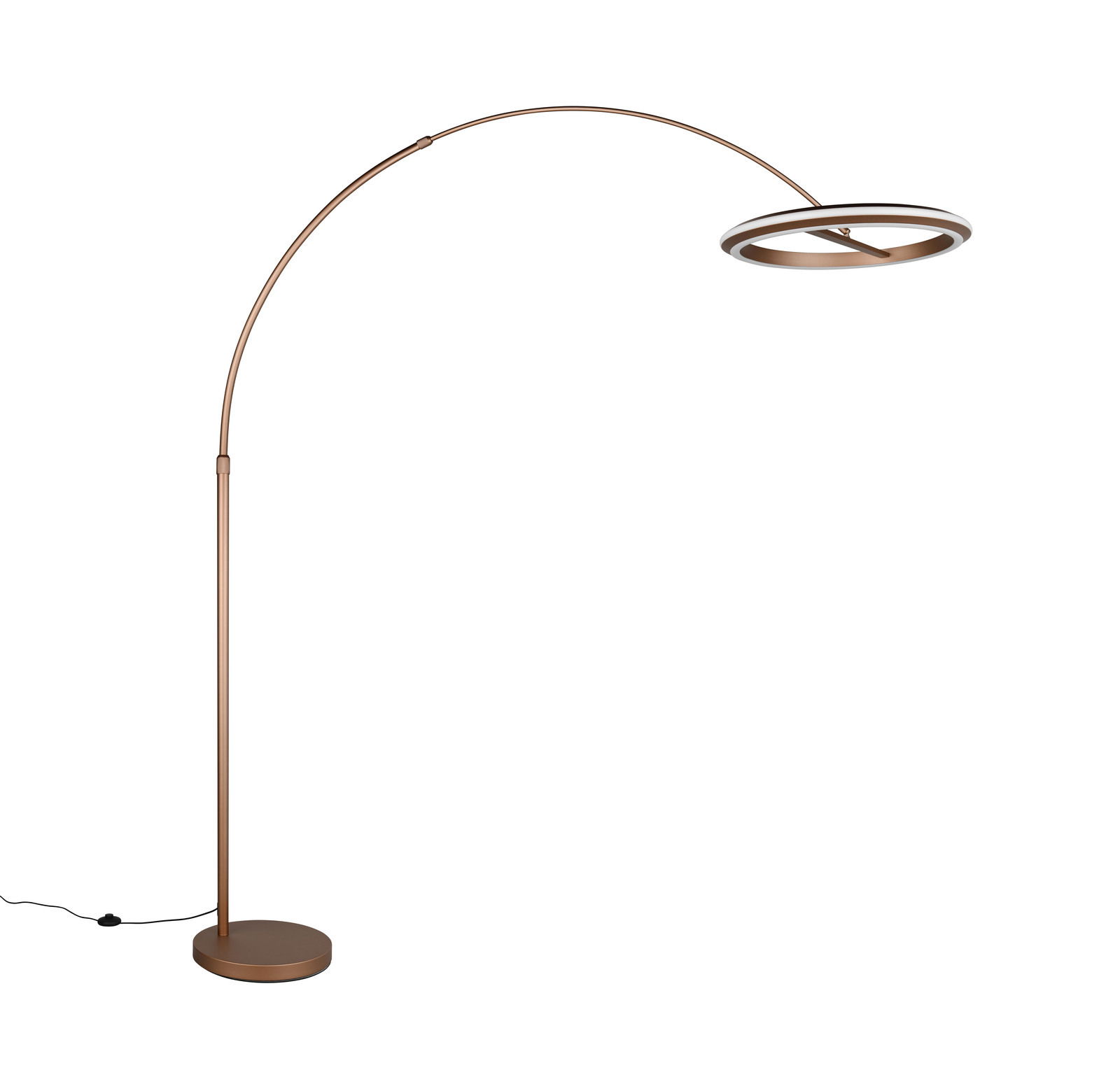 Elegante LED-Bogenleuchte in Bronze mit rundem Sockel und modernem, kreisförmigem Lampenschirm, seitliche Perspektive