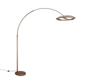 Elegante LED-booglamp in brons met ronde voet en een moderne, cirkelvormige lampenkap, zijaanzicht
