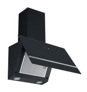 Schwarze Wand-Dunstabzugshaube mit schräger Glasfront, Metall-Fettfilter und zwei LED-Spots, gezeigt in schräger Vorderansicht von unten