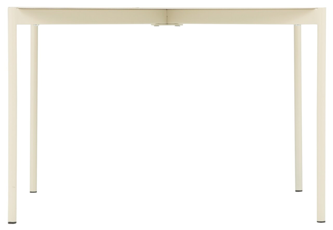 Moderner Beistelltisch aus Metall in Beige, frontal fotografiert