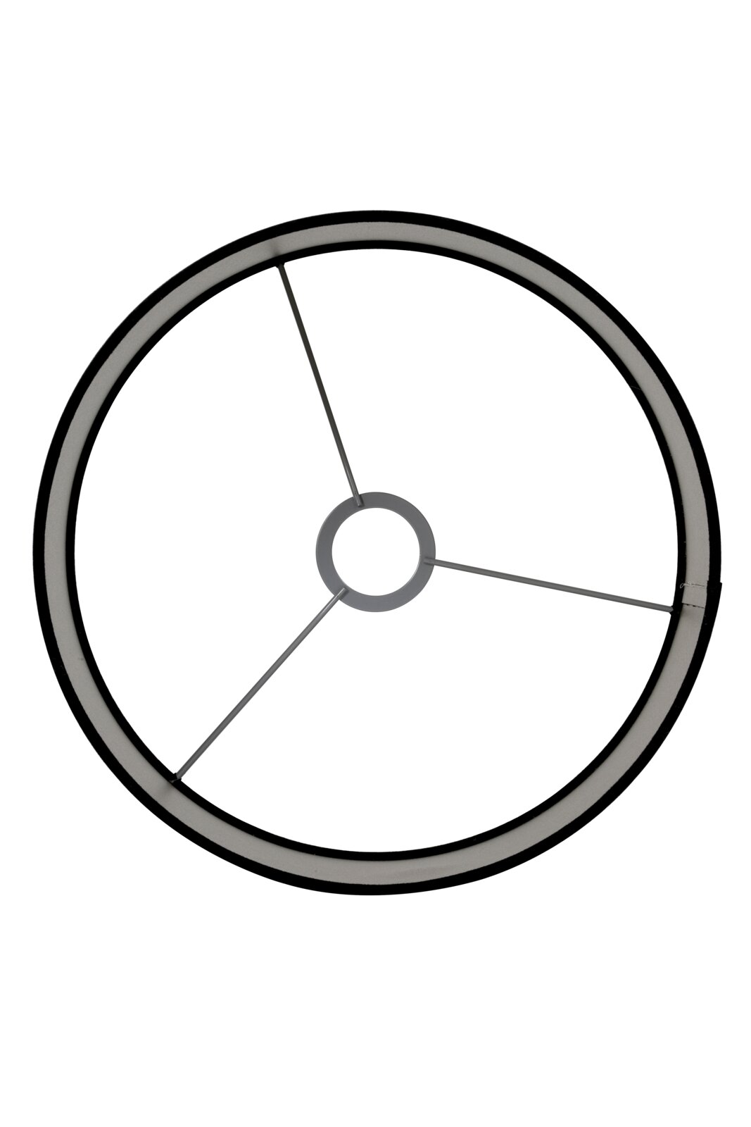 Ansicht von oben auf einen runden Lampenschirm mit Metallstreben und zentraler Halterung.