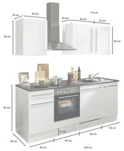 Küchenblock 220 JAZZ in weiß mit Edelstahl-Dunstabzugshaube, Herd und Spüle, frontal abgebildet.