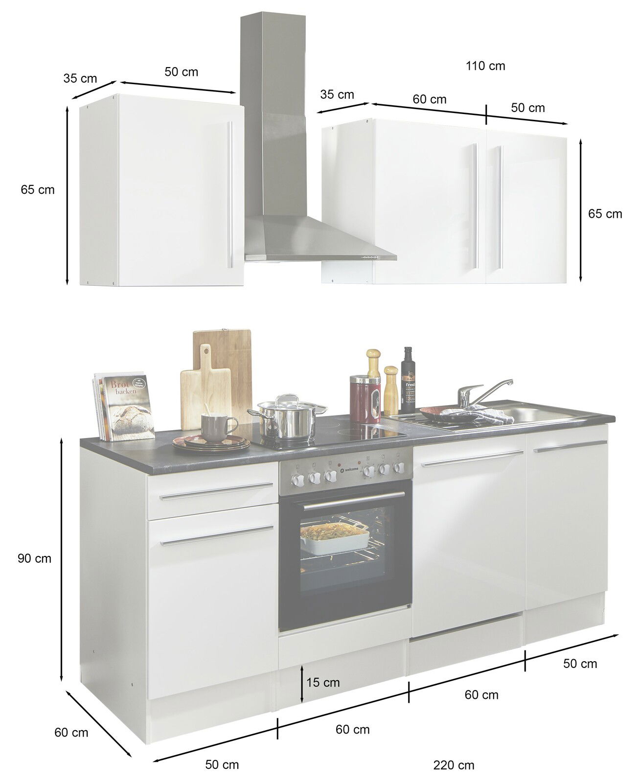 Küchenblock 220 JAZZ in weiß mit Edelstahl-Dunstabzugshaube, Herd und Spüle, frontal abgebildet.