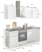 Küchenblock 220 JAZZ in weiß mit Edelstahl-Dunstabzugshaube, Herd und Spüle, frontal abgebildet.