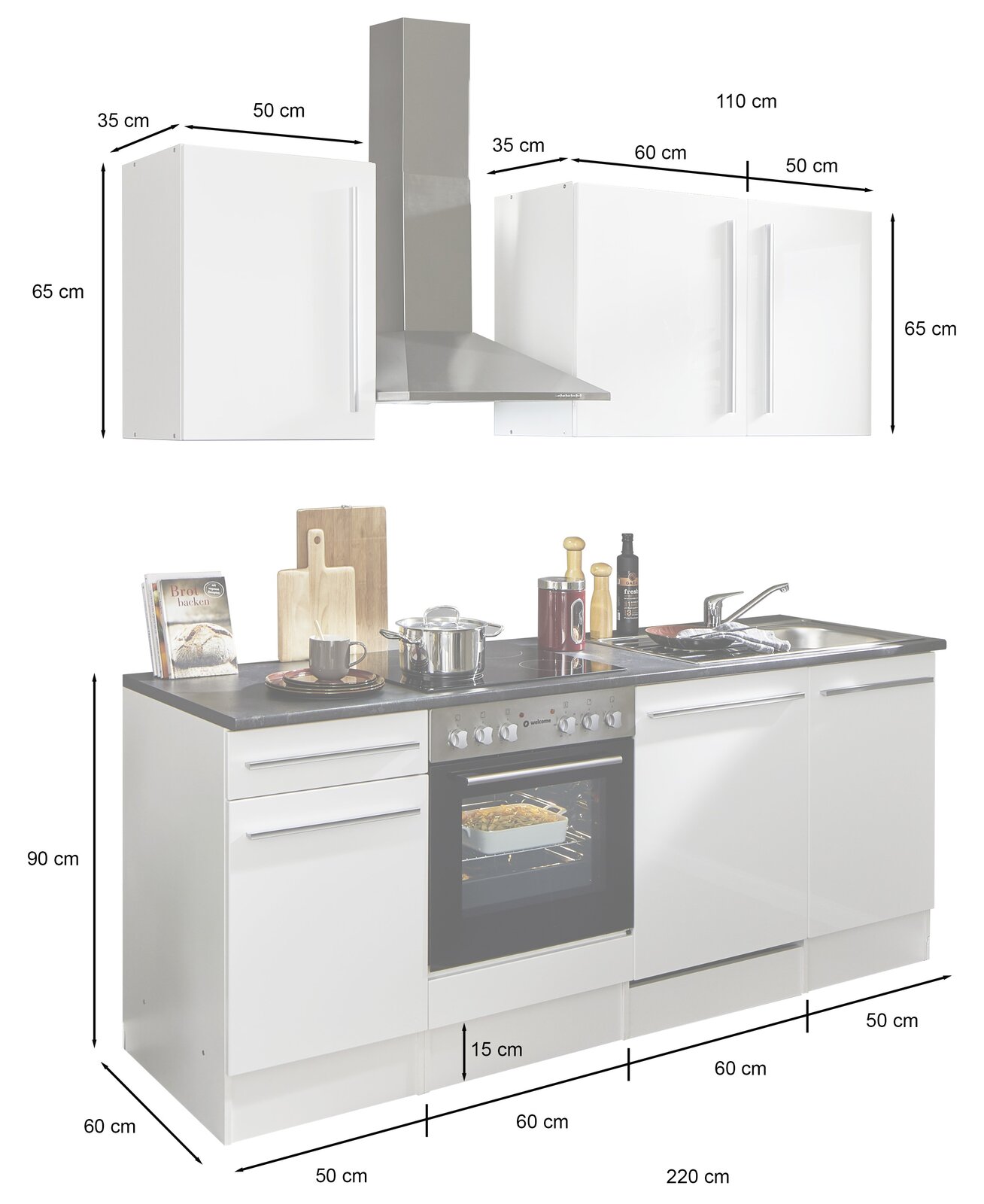 Küchenblock 220 JAZZ in weiß mit Edelstahl-Dunstabzugshaube, Herd und Spüle, frontal abgebildet.