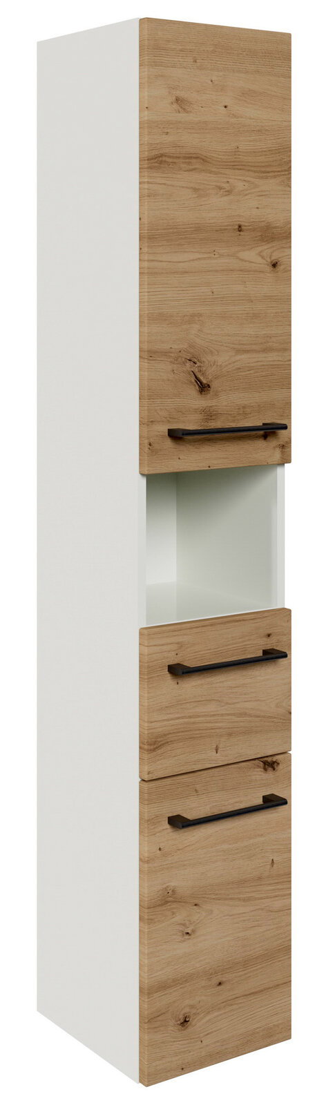 Hochschrank mit Holzoptik-Fronten und schwarzen Griffen, seitliche Perspektive