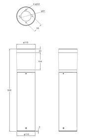 Technische Zeichnung einer LED-Außen-Sockelleuchte mit zylindrischem Design, Seiten- und Draufsicht, Höhe 500 mm, Durchmesser 115 mm.