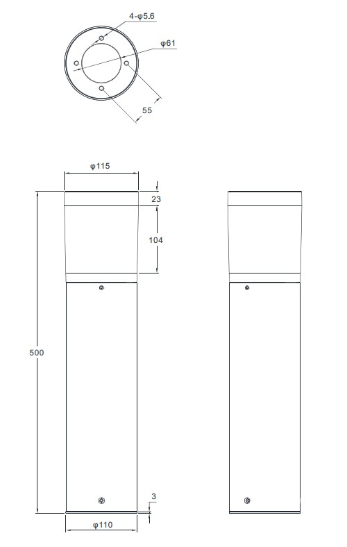 Technische Zeichnung einer LED-Außen-Sockelleuchte mit zylindrischem Design, Seiten- und Draufsicht, Höhe 500 mm, Durchmesser 115 mm.