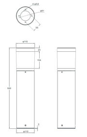 Technische Zeichnung einer LED-Außen-Sockelleuchte mit zylindrischem Design, Seiten- und Draufsicht, Höhe 500 mm, Durchmesser 115 mm.