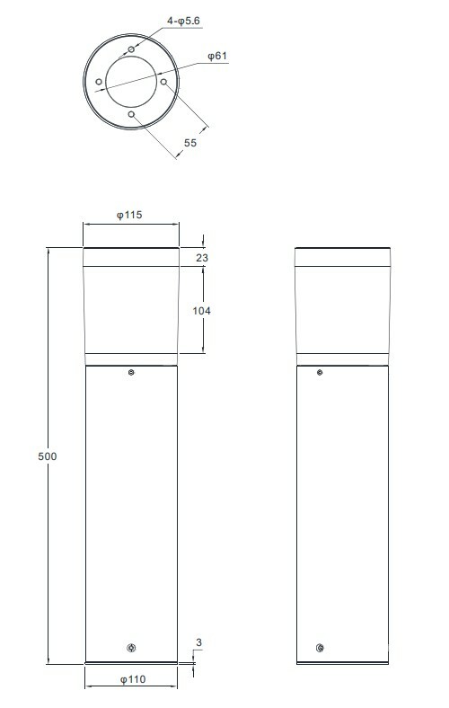 Technische Zeichnung einer LED-Außen-Sockelleuchte mit zylindrischem Design, Seiten- und Draufsicht, Höhe 500 mm, Durchmesser 115 mm.