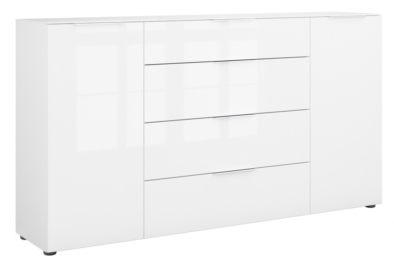 Weißes XL-Sideboard mit mehreren Schubladen und Türen, frontale Ansicht
