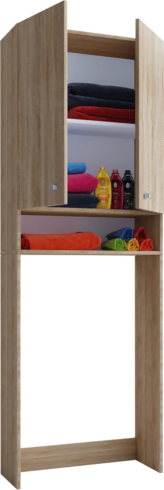 VCM Waschmaschinenschrank LONA Offener Badezimmer-Hängeschrank in heller Holzoptik mit zwei Türen und Regalfächern, gefüllt mit gefalteten Handtüchern und Flaschen, Frontansicht in leichter Schrägperspektive