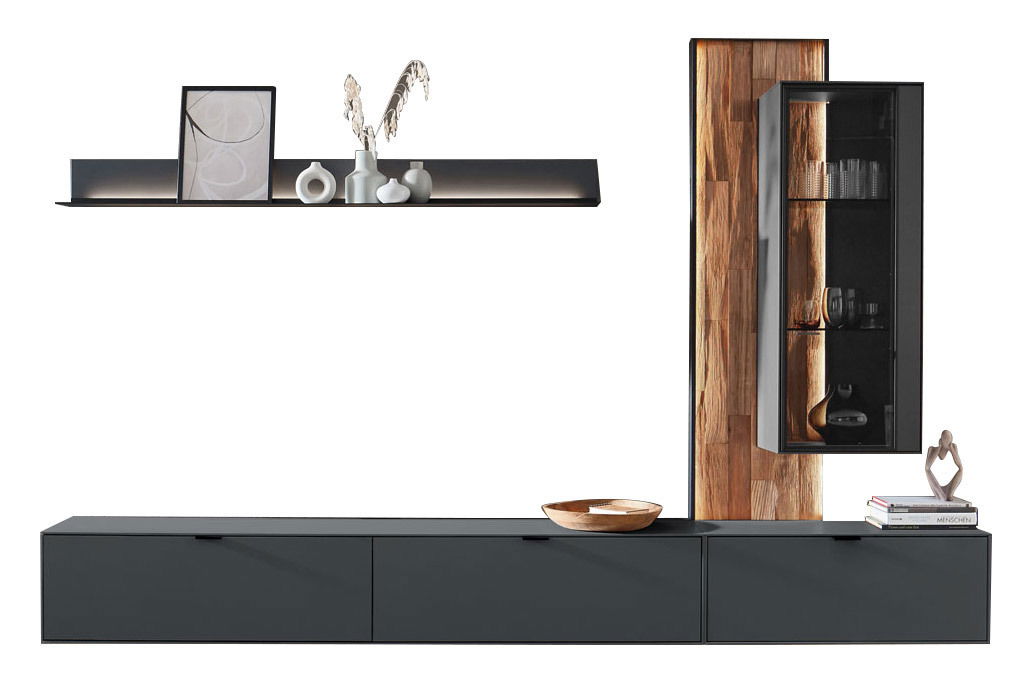 Moderne Wandkombination mit dunklen Schränken, Holzrückwand und dekorativen Elementen, seitliche Perspektive