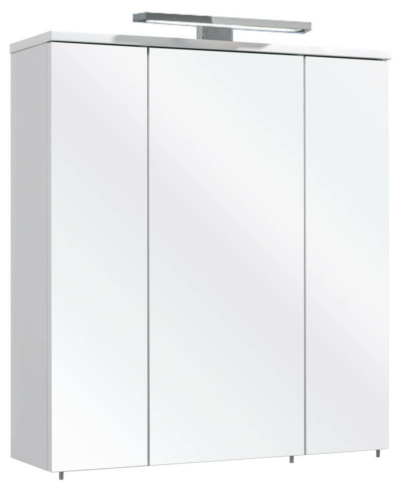 Moderner Spiegelschrank mit drei Türen und integrierter Beleuchtung, seitliche Perspektive