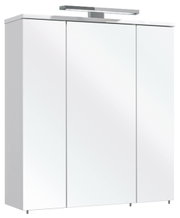 Moderner Spiegelschrank mit drei Türen und integrierter Beleuchtung, seitliche Perspektive
