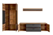 Wohnwand-Set aus Holz mit anthrazitfarbenen Fronten, bestehend aus hohem Schrank, Lowboard mit zwei Schubladen und Wandboard, alle Türen geöffnet und Innenfächer sichtbar, frontal aus leichter Schrägansicht