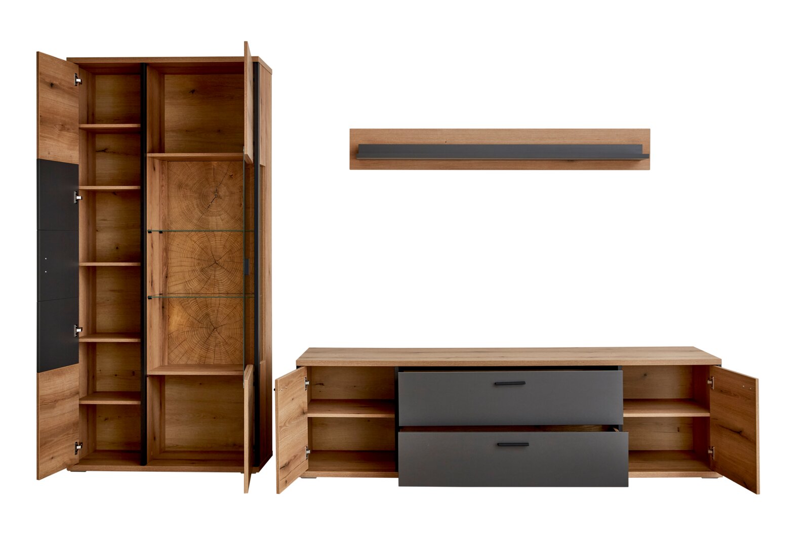 Wohnwand-Set aus Holz mit anthrazitfarbenen Fronten, bestehend aus hohem Schrank, Lowboard mit zwei Schubladen und Wandboard, alle Türen geöffnet und Innenfächer sichtbar, frontal aus leichter Schrägansicht