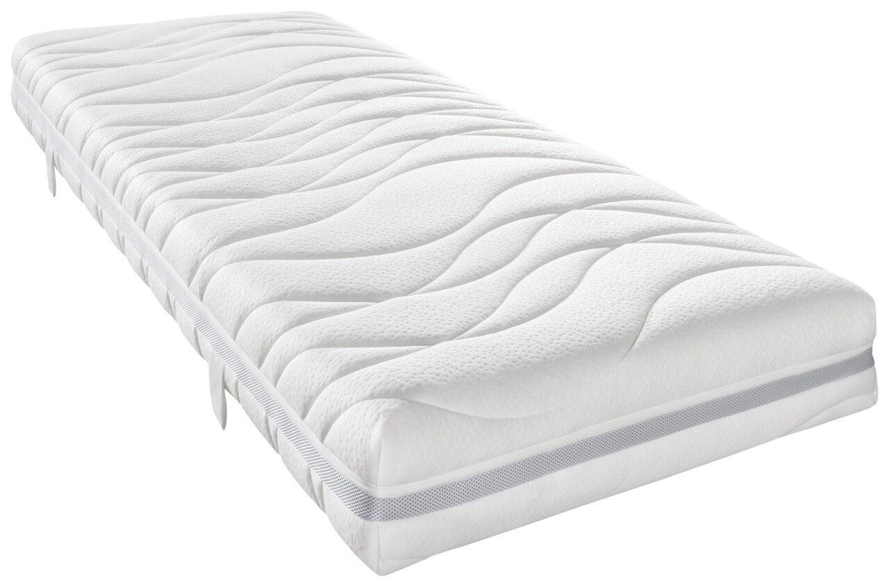 Sleeptex TTFK-Matratze H2 PERFECT TOUCH T TTFK-Matratze H2 160 x 200 cm in seitlicher Perspektive mit wellenförmigem Muster und atmungsaktivem Bezug.