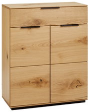 Moderner Schuhschrank aus hellem Holz mit zwei Türen und einer Schublade, frontale Perspektive