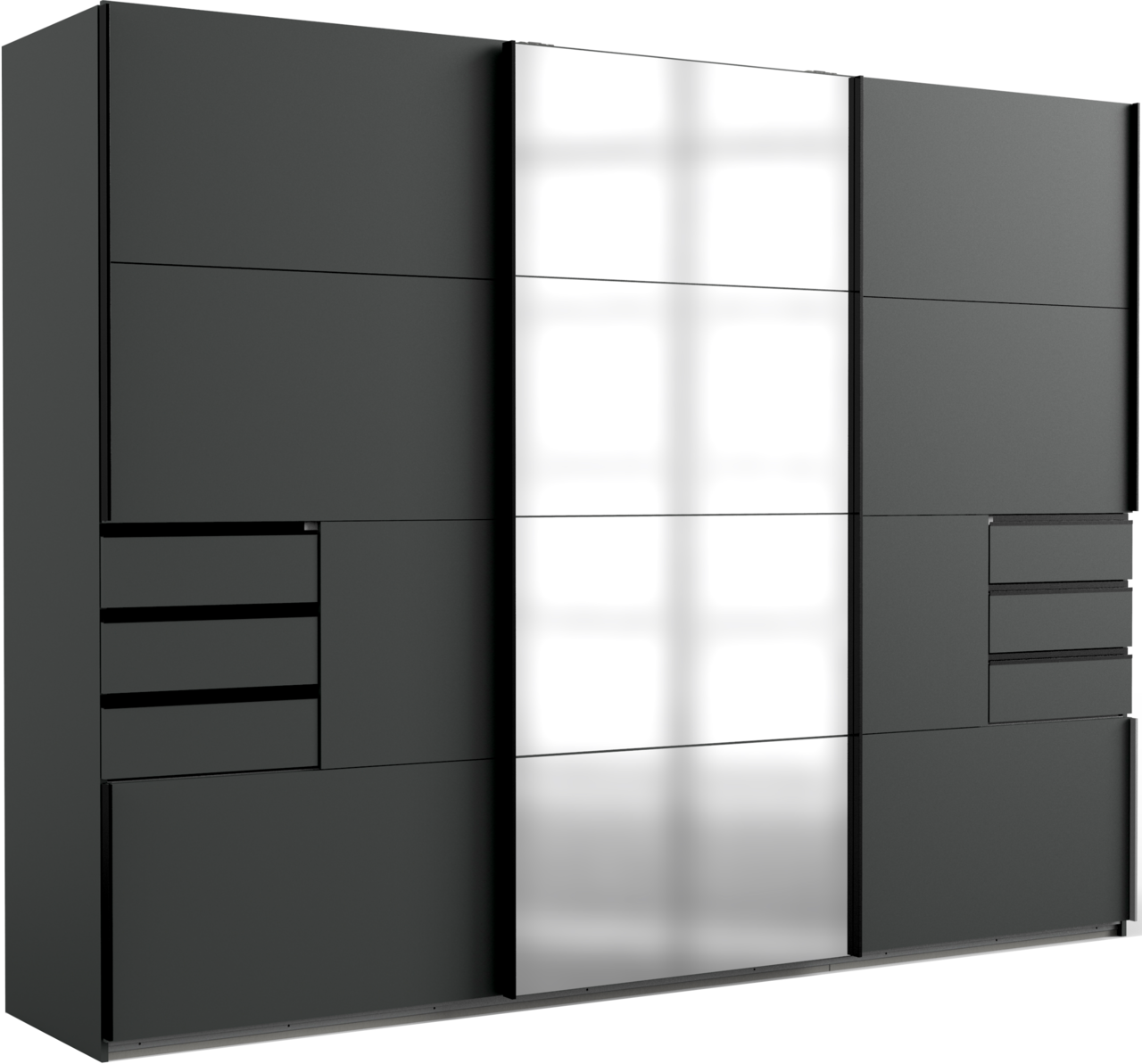 Z2 Schwebetürenschrank 3trg. SAIGON Moderner dreitüriger Schwebetürenschrank in dunklem Design mit Spiegel in der Mitte, seitliche Schubladen, Frontalansicht