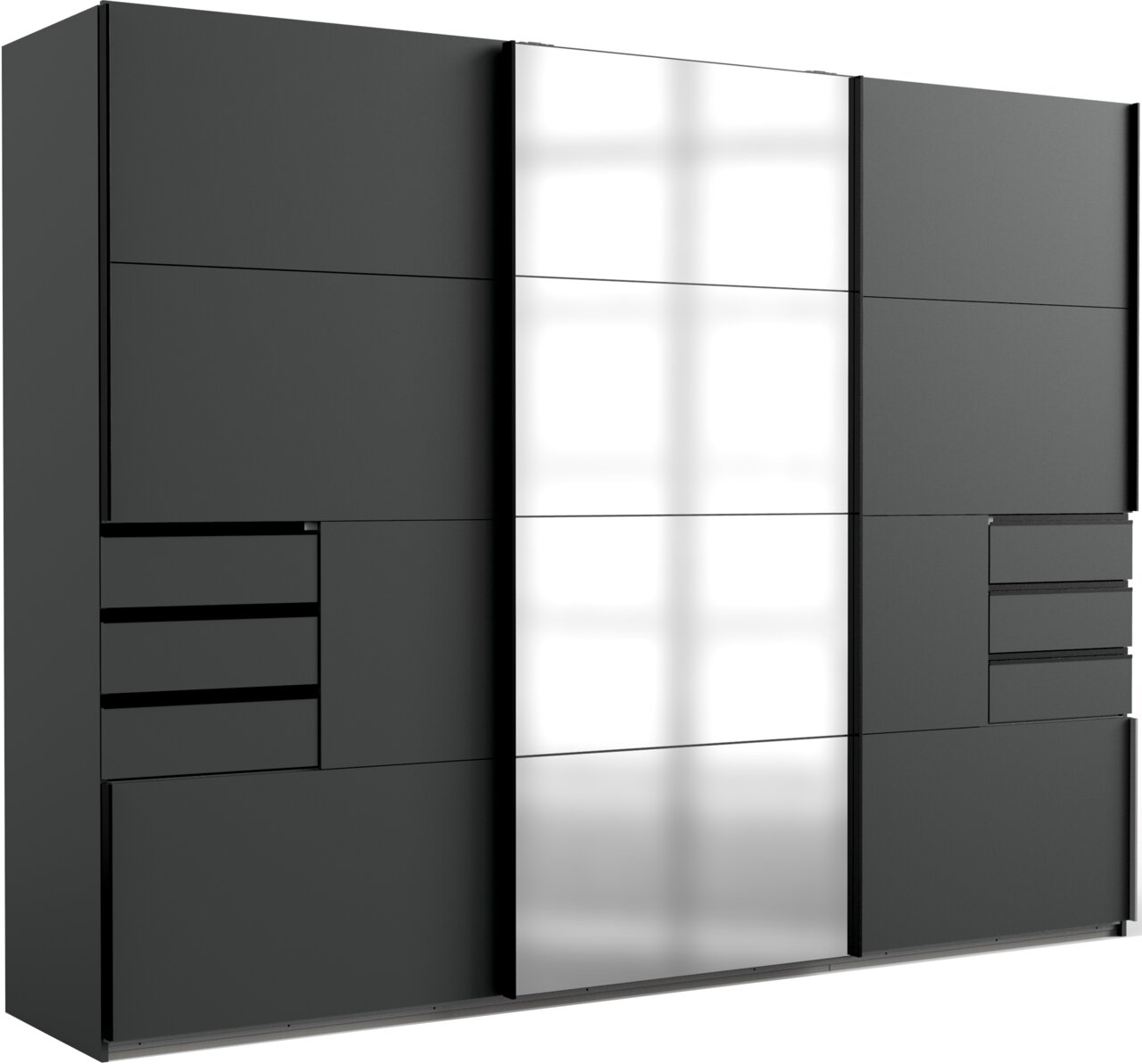 Moderner dreitüriger Schwebetürenschrank in dunklem Design mit Spiegel in der Mitte, seitliche Schubladen, Frontalansicht