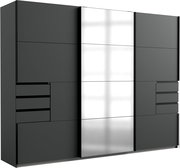 Moderner dreitüriger Schwebetürenschrank in dunklem Design mit Spiegel in der Mitte, seitliche Schubladen, Frontalansicht