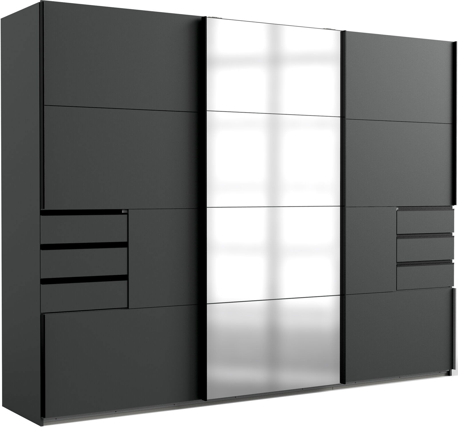 Moderner dreitüriger Schwebetürenschrank in dunklem Design mit Spiegel in der Mitte, seitliche Schubladen, Frontalansicht
