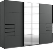 Moderner dreitüriger Schwebetürenschrank in dunklem Design mit Spiegel in der Mitte, seitliche Schubladen, Frontalansicht