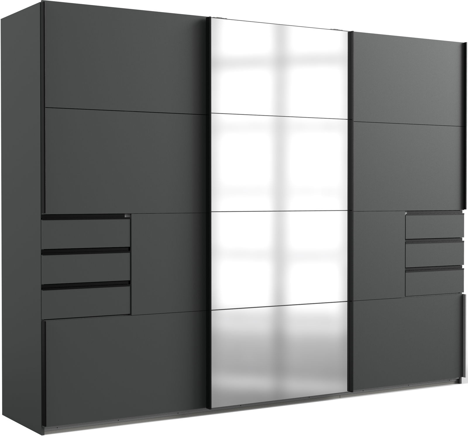 Moderner dreitüriger Schwebetürenschrank in dunklem Design mit Spiegel in der Mitte, seitliche Schubladen, Frontalansicht