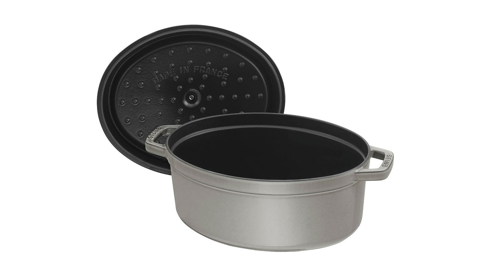 Grauer ovaler Bräter Cocotte 29cm mit geöffnetem Deckel, seitliche Perspektive