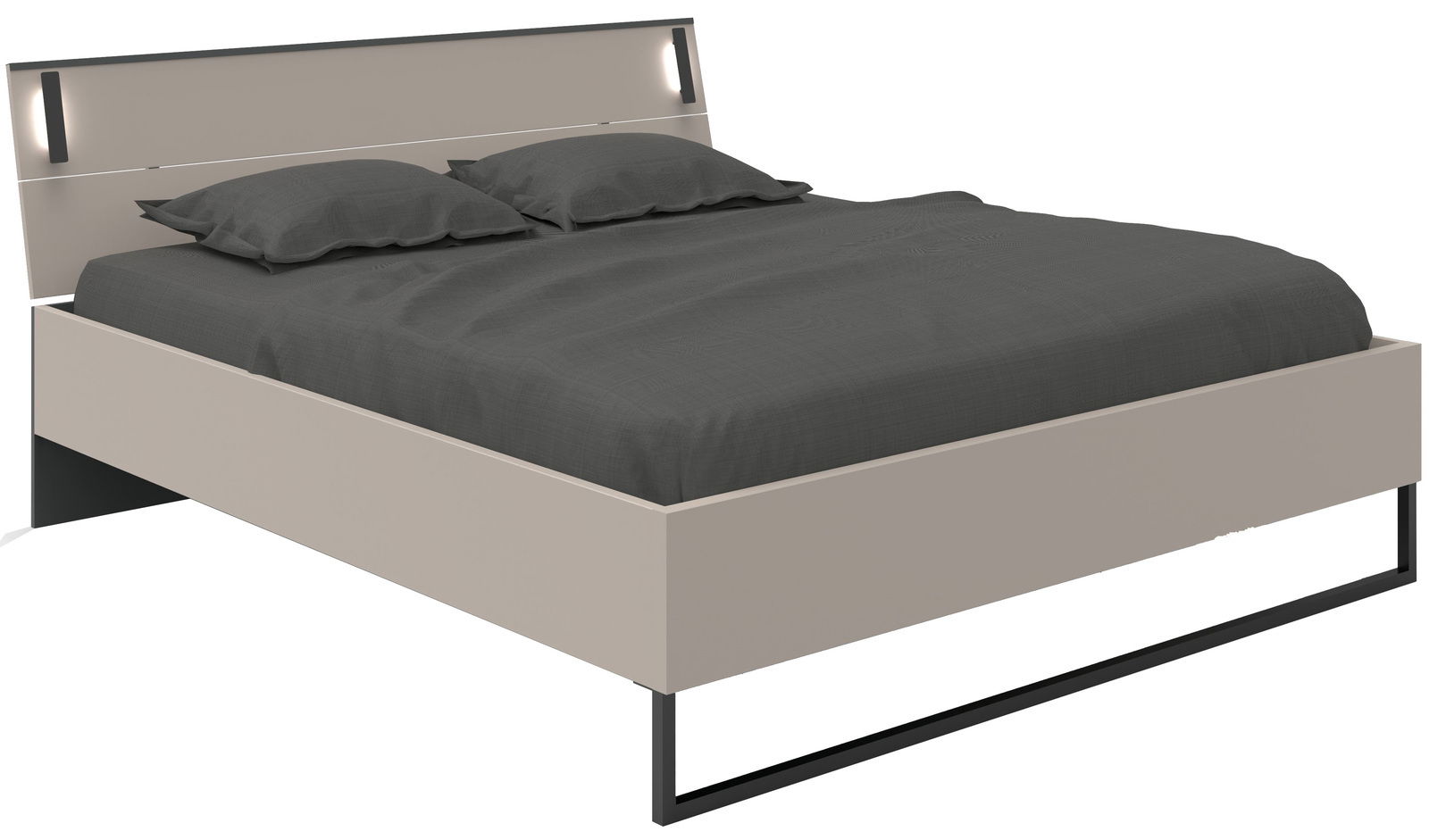 Modernes Futonbett mit grauer Bettwäsche und integrierter Beleuchtung, seitliche Perspektive