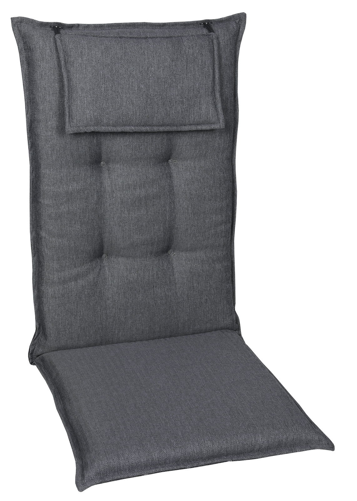 Graue Sesselauflage mit Kopfpolster, frontal fotografiert