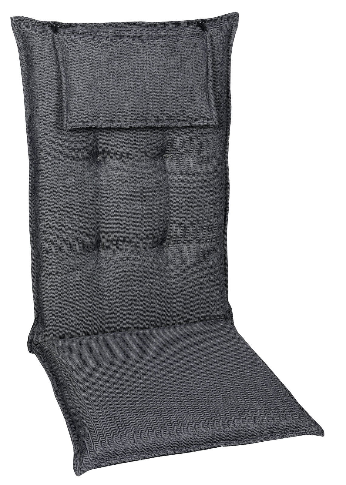 Graue Sesselauflage mit Kopfpolster, frontal fotografiert