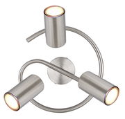 Moderner dreiflammiger Strahler aus gebürstetem Metall in Draufsicht.