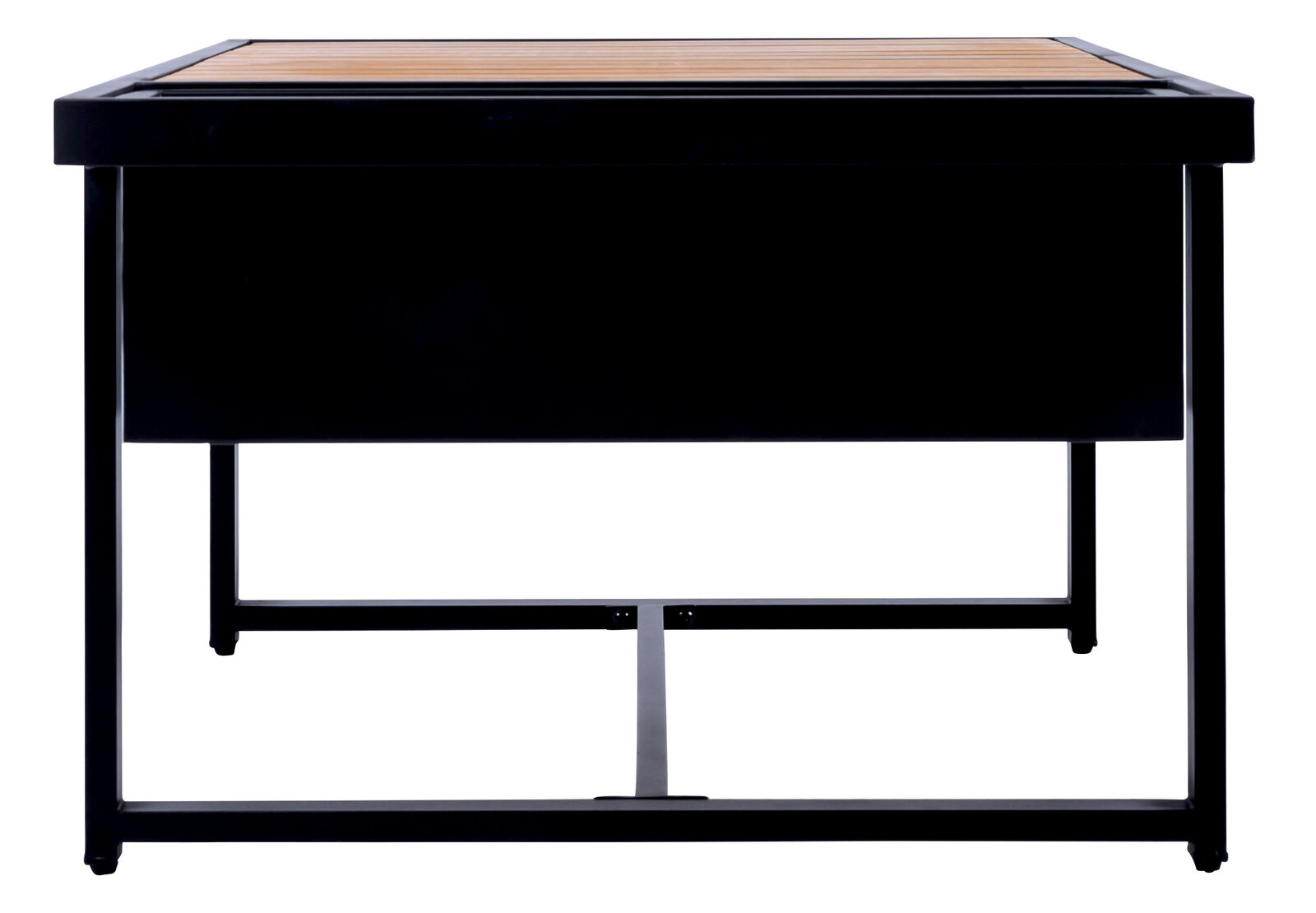 Frontansicht eines modernen Lounge-Tisches mit schwarzem Metallrahmen und Holzplatte.