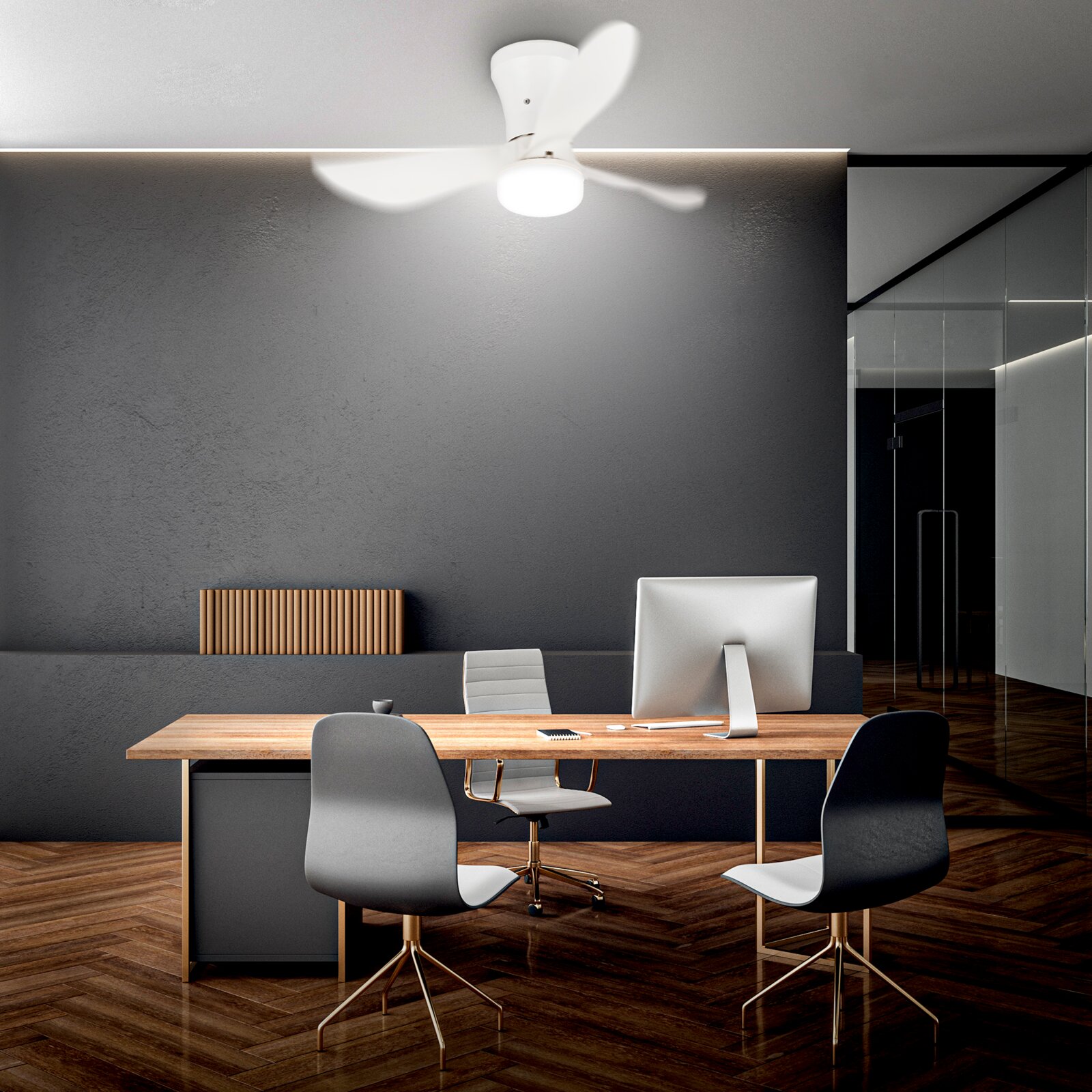 Briloner Deckenventilator inkl. LED LUFITO Weißer Deckenventilator mit integrierter LED-Leuchte in modernem Büro über einem Holztisch, perspektivisch aus leicht niedriger Position nach oben zur Decke fotografiert