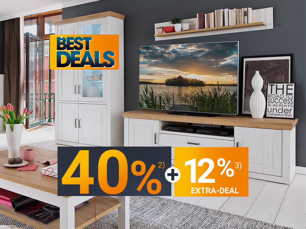Wohnwand in weißer Holzoptik mit Vitrinenschrank, TV-Lowboard und Wandregal – Best Deals mit 40 % Rabatt plus 12 % Extra-Deal