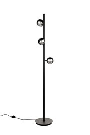 Moderne Stehleuchte mit drei verstellbaren Kugelleuchten in Schwarz und Silber, seitliche Perspektive