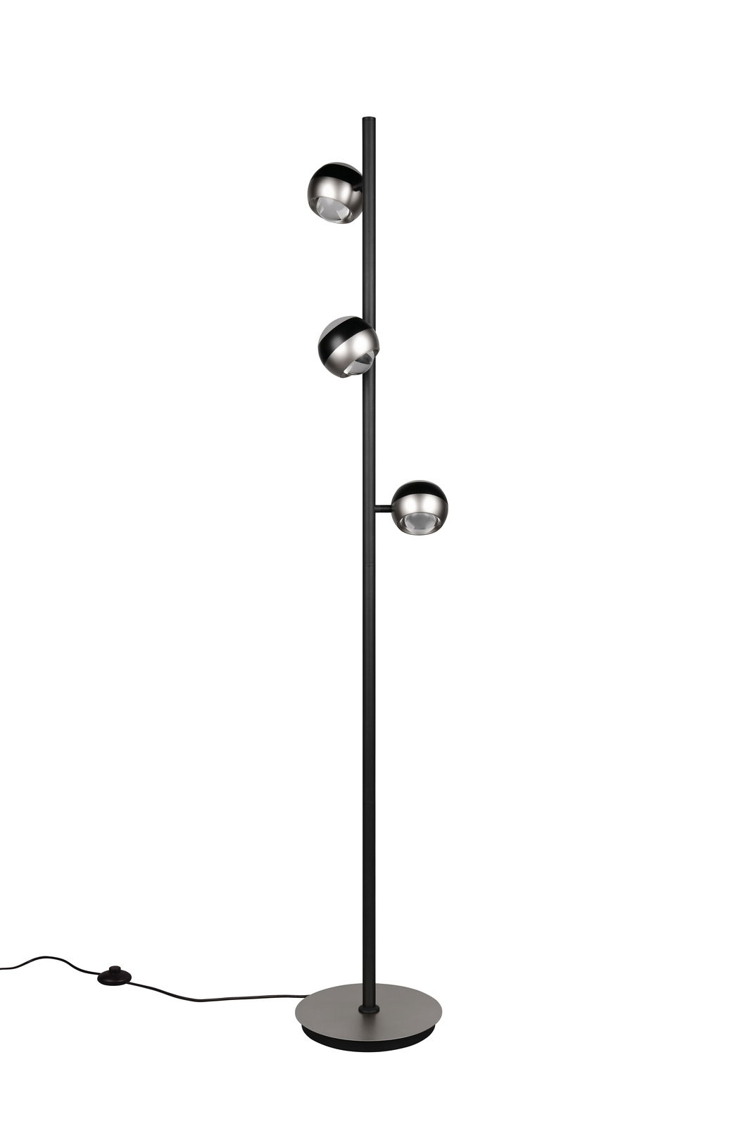 Moderne Stehleuchte mit drei verstellbaren Kugelleuchten in Schwarz und Silber, seitliche Perspektive
