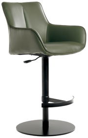 Moderner grüner Barhocker mit gepolsterter Rückenlehne und Armlehnen, seitliche Perspektive