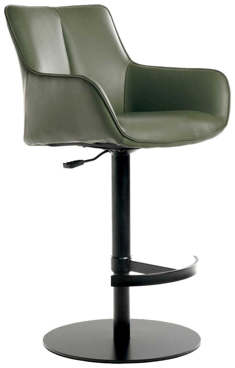 Moderner grüner Barhocker mit gepolsterter Rückenlehne und Armlehnen, seitliche Perspektive