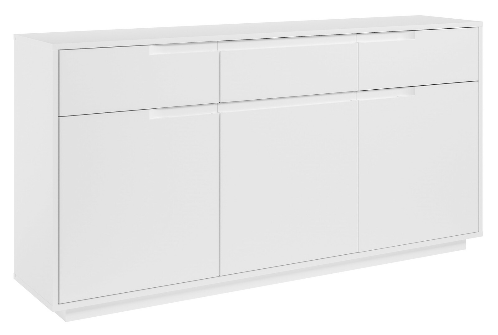 Weißes Sideboard mit drei Schubladen und drei Türen, seitliche Perspektive