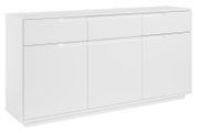 Weißes Sideboard mit drei Schubladen und drei Türen, seitliche Perspektive