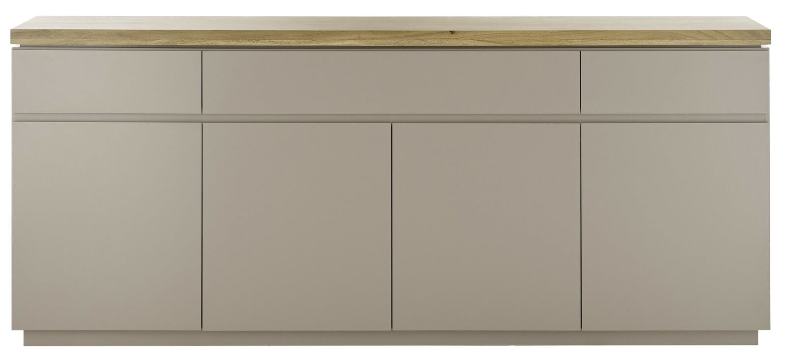 Frontansicht eines modernen XL-Sideboards mit glatten, beigen Türen und einer Holzplatte.